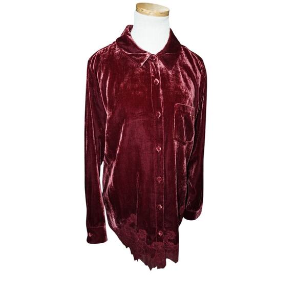 Soft Surroundings Red Velvet Blouse Womens Large Burgundy Lace Trim Long Sleeve - Picture 6 of 8
